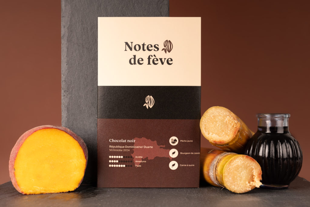 Une tablette de chocolat à l'emballage brun, entourée de pêche, de cassis, de canne à sucre